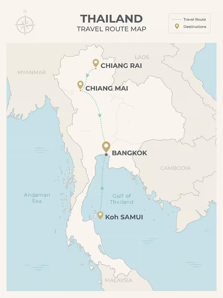 Ultimate Thailand Adventure: 11-Day Itinerary and 10 Luxury Hotels 3 A clean route map linking Bangkok, Chiang Rai, Chiang Mai and Koh Samui