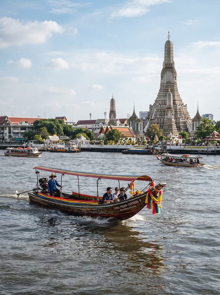 Ultimate Thailand Adventure: 11-Day Itinerary and 10 Luxury Hotels 4 A longtail boat passing a Bangkok temple beside the Chao Phraya River.