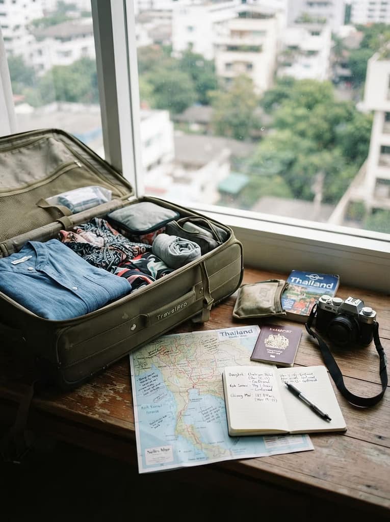Ultimate Thailand Adventure: 11-Day Itinerary and 10 Luxury Hotels 18 Open suitcase, Thailand map and hotel booking notes on a wooden desk