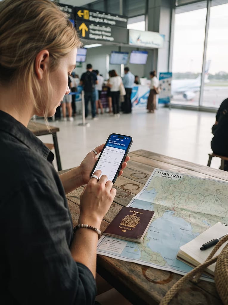 Ultimate Thailand Adventure: 11-Day Itinerary and 10 Luxury Hotels 19 Traveller checking domestic flight details on a phone beside a passport and Thailand map.