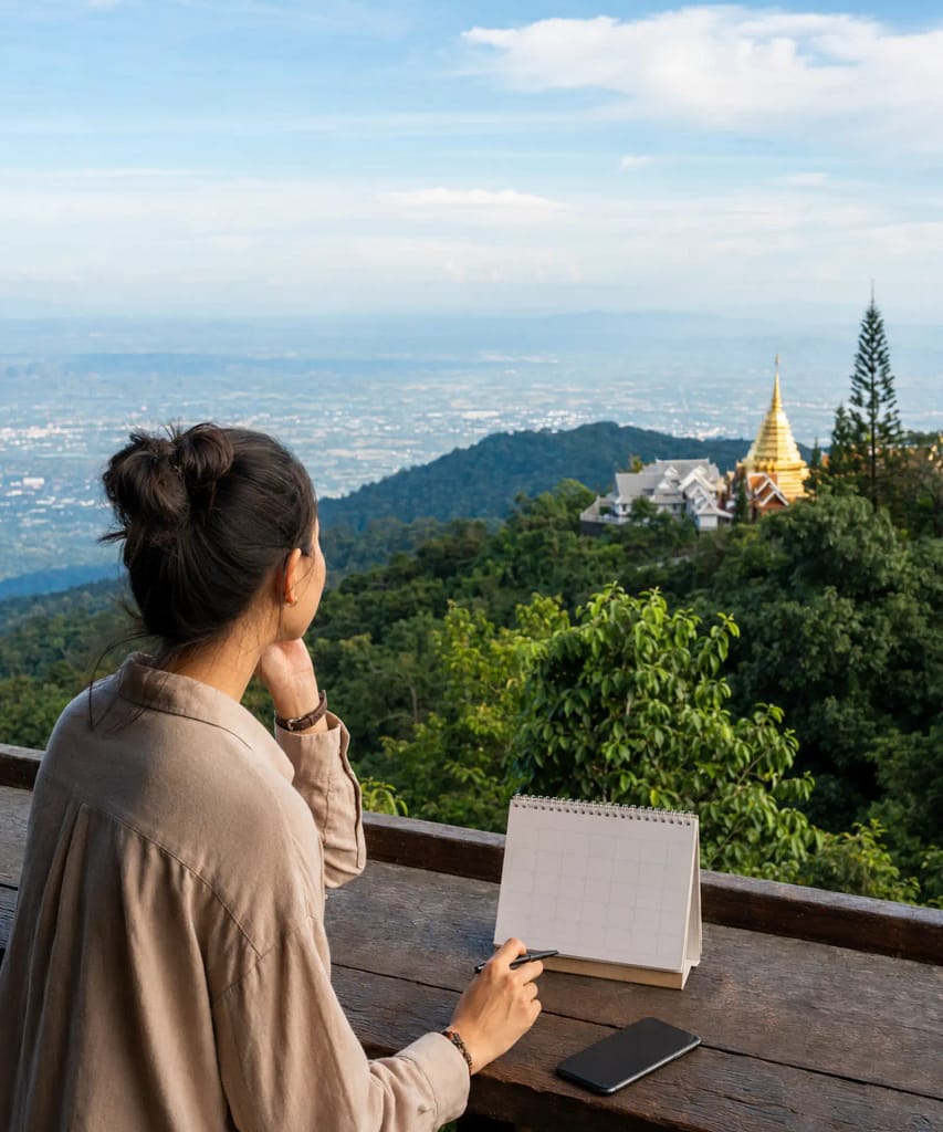 Best Time to Visit Chiang Mai: Weather, Crowds and Prices 9 A traveller considering the best month for a Chiang Mai holiday while looking across the city’s mountain landscape.