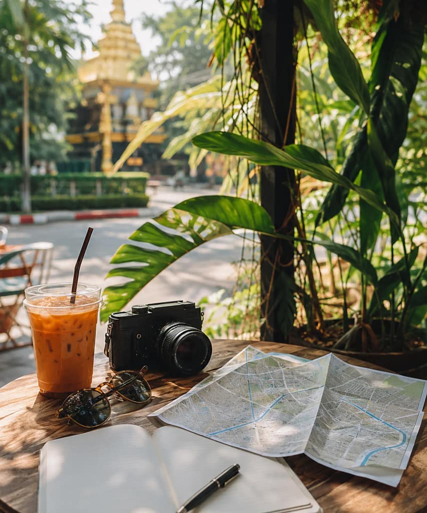 Best Time to Visit Chiang Mai: Weather, Crowds and Prices 10 A practical Chiang Mai trip-planning scene with a notebook, map, camera and tropical café surroundings.