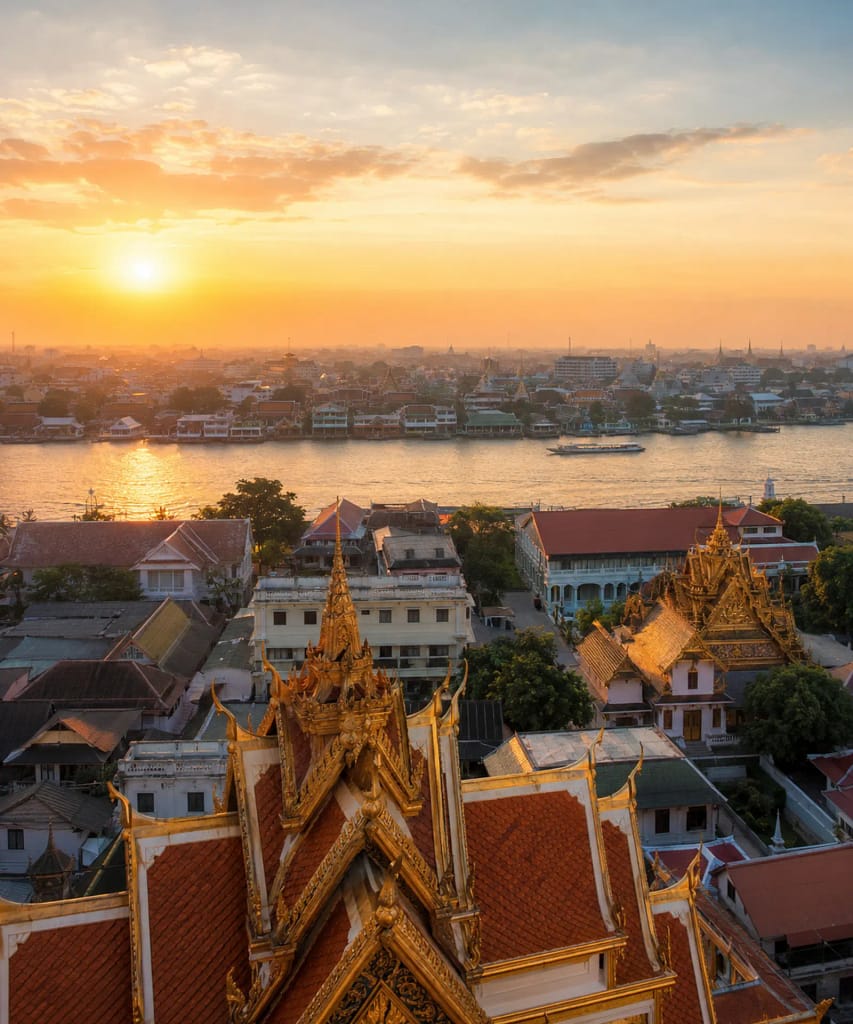 1st Time Visiting Bangkok Old City: Everything You Need to Know 3 A wide establishing photograph introducing the temples, river and traditional architecture of Bangkok’s historic centre.