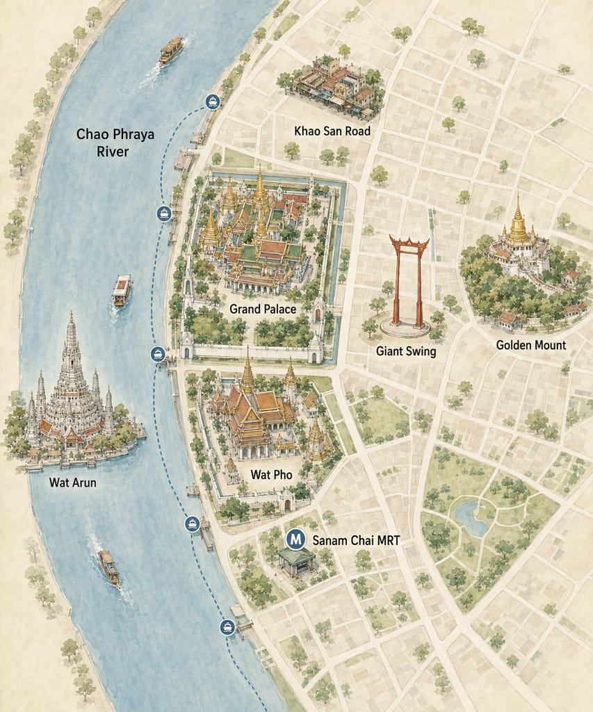 1st Time Visiting Bangkok Old City: Everything You Need to Know 4 Map of Bangkok Old City attractions and transport. A simple orientation map showing how the principal sights relate to the river and MRT stations.