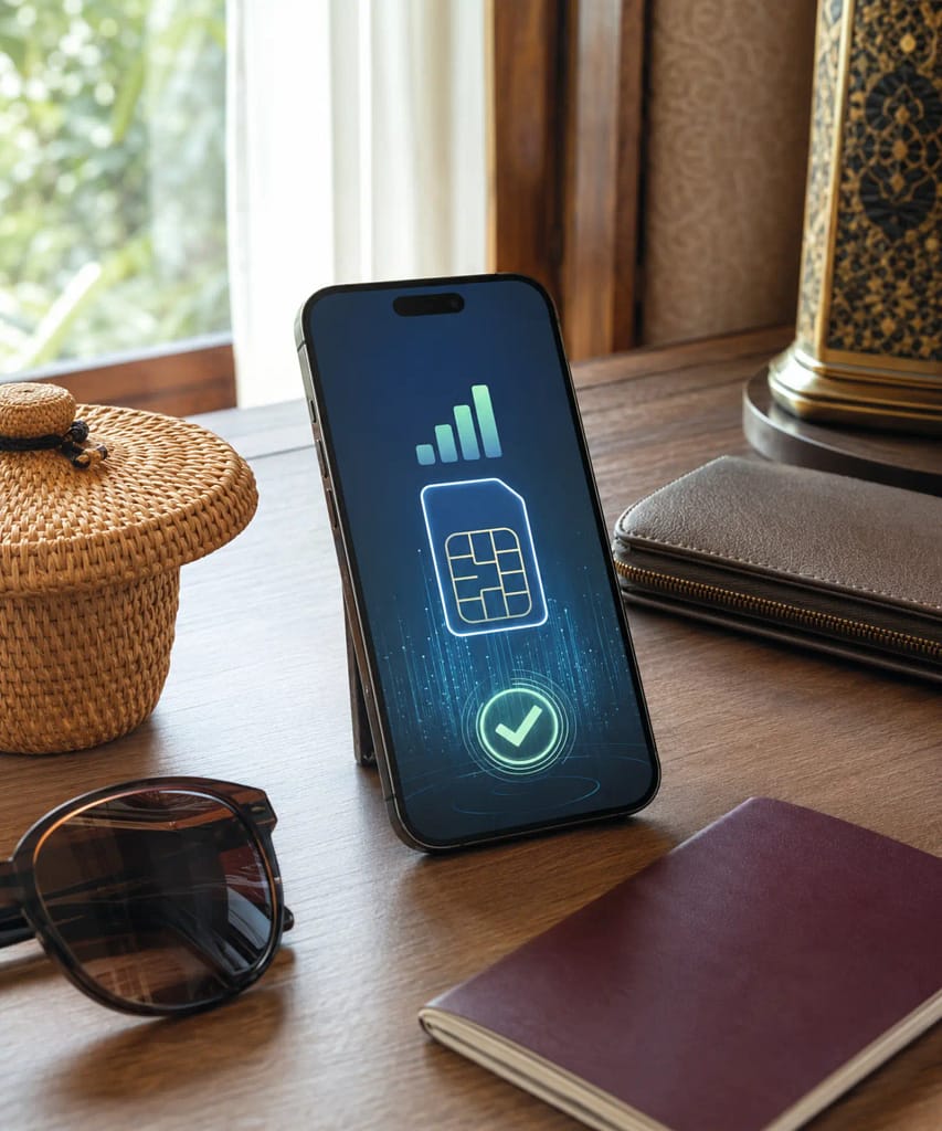 Saily eSIM Thailand Review 2026: 7 Excellent Reasons to Use It 11 Setting up a travel eSIM before a trip to Thailand. A phone beside travel essentials represents preparing and installing an eSIM before departure.