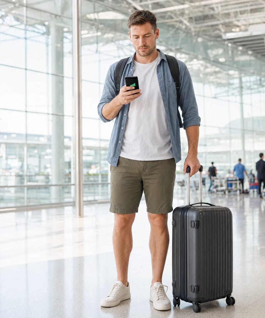 Saily eSIM Thailand Review 2026: 7 Excellent Reasons to Use It 5 Traveller using a Saily eSIM after arriving at Bangkok Airport