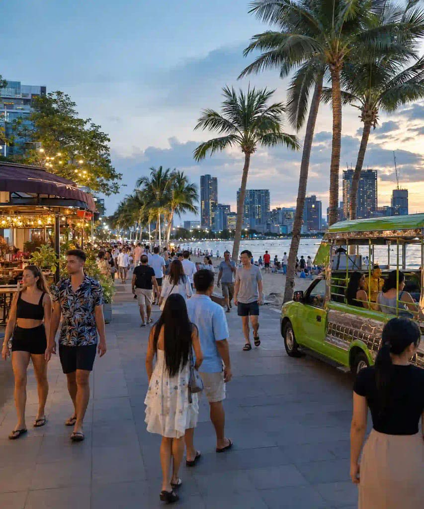 TAT Campaign Turns Famous Film Locations into Must-Visit Thailand Destinations 4 Holidaymakers walking along the lively Central Pattaya beachfront promenade at dusk