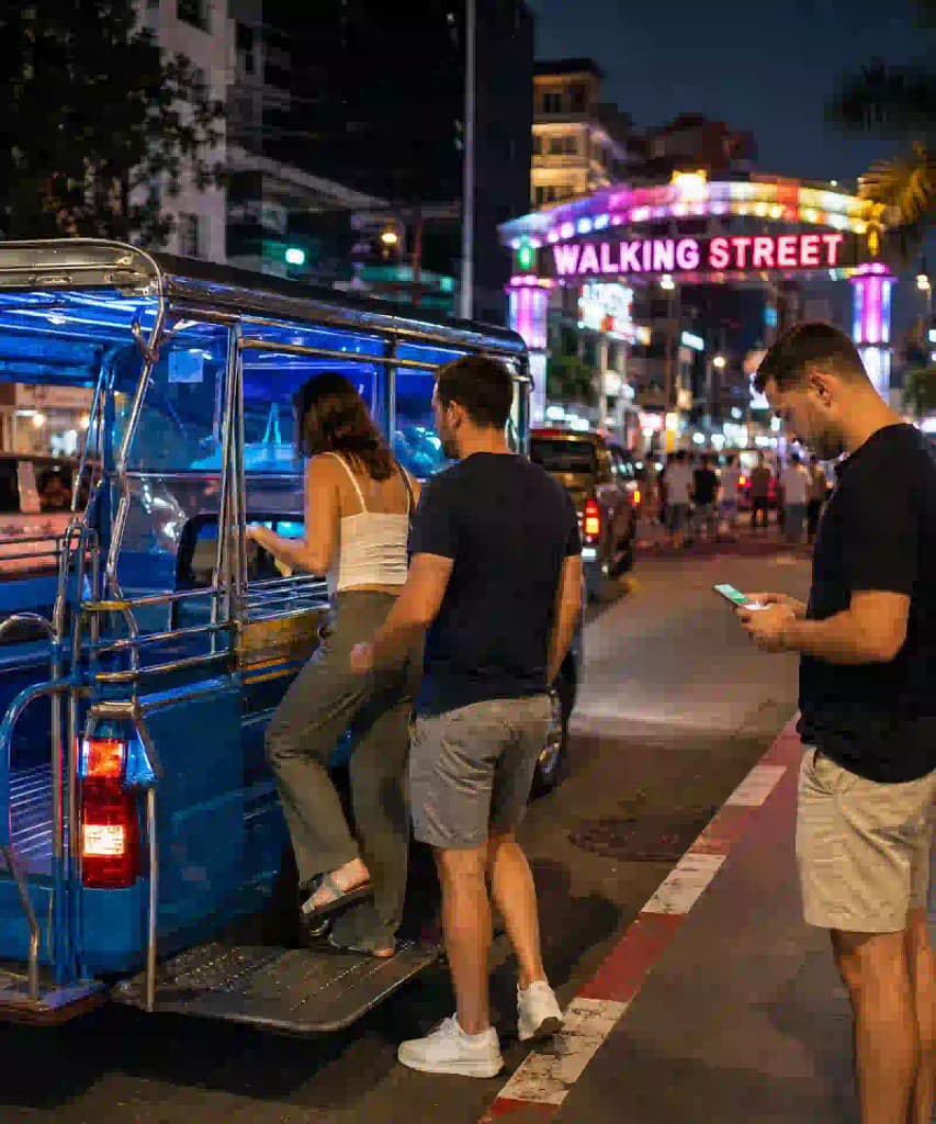 Walking Street Pattaya 2026: First-Timer’s Guide. 7 Visitors using a blue baht bus near Walking Street Pattaya at night