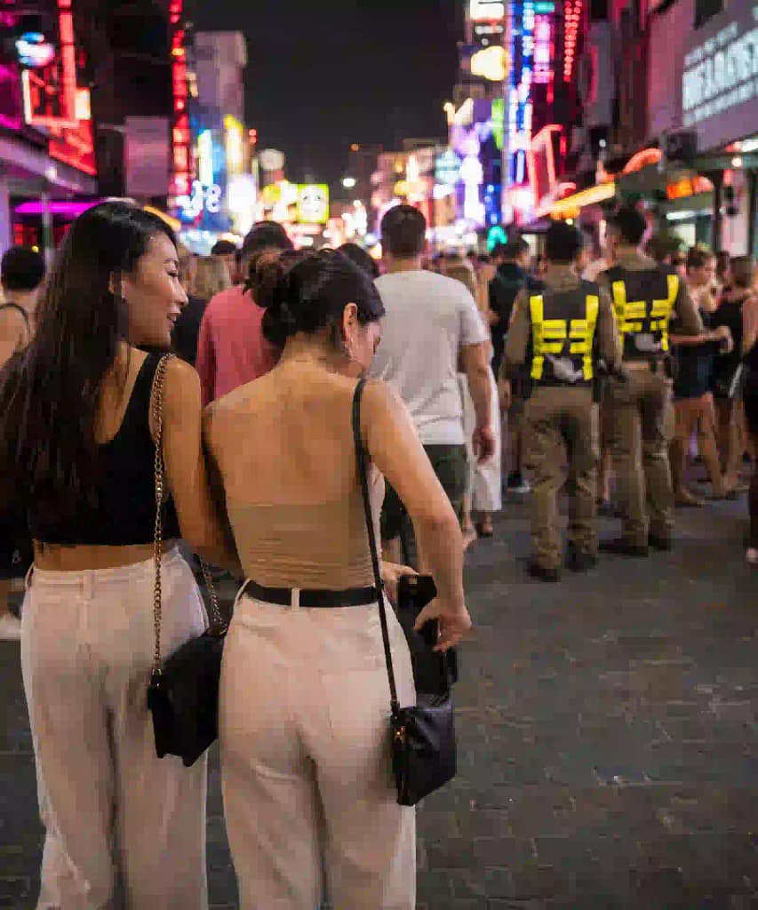 Walking Street Pattaya 2026: First-Timer’s Guide. 4 Friends taking sensible safety precautions on busy Walking Street Pattaya