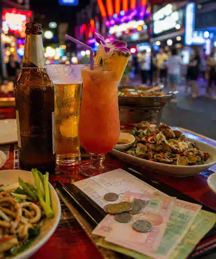 Walking Street Pattaya 2026: First-Timer’s Guide. 13 Drinks, Thai food and a clearly checked bill during a Walking Street Pattaya evening
