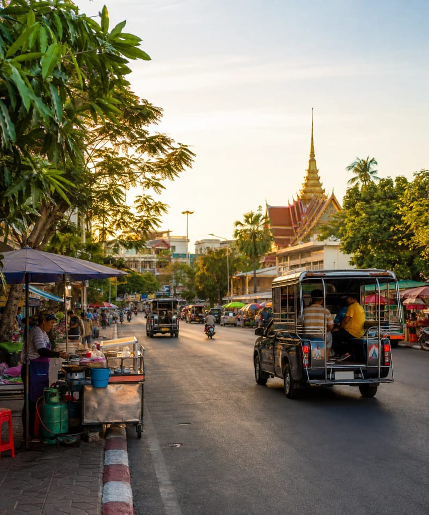 South Pattaya Road, Thailand: Interesting Things to Know 2 South Pattaya Road in Thailand with a songthaew, street food stalls and a Buddhist temple