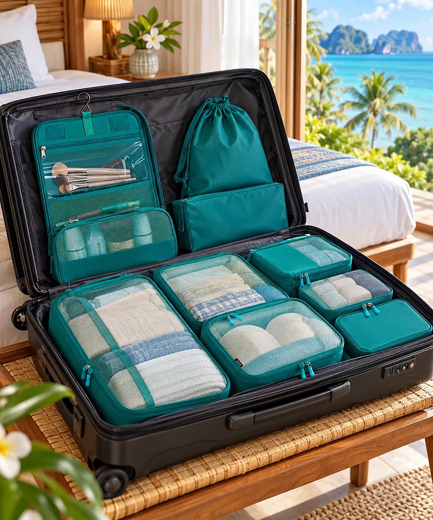 BAGAIL Packing Cubes: A Practical Guide for Thailand Travel 2 Teal packing organisers in an open suitcase in a Thailand-inspired hotel setting.