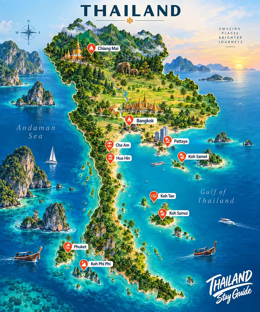 Bangkok, Chiang Mai, Phuket, Pattaya, Hua Hin, and Cha Am, Koh Samui, Koh Phi Phi, Koh Tao, Koh Samet
