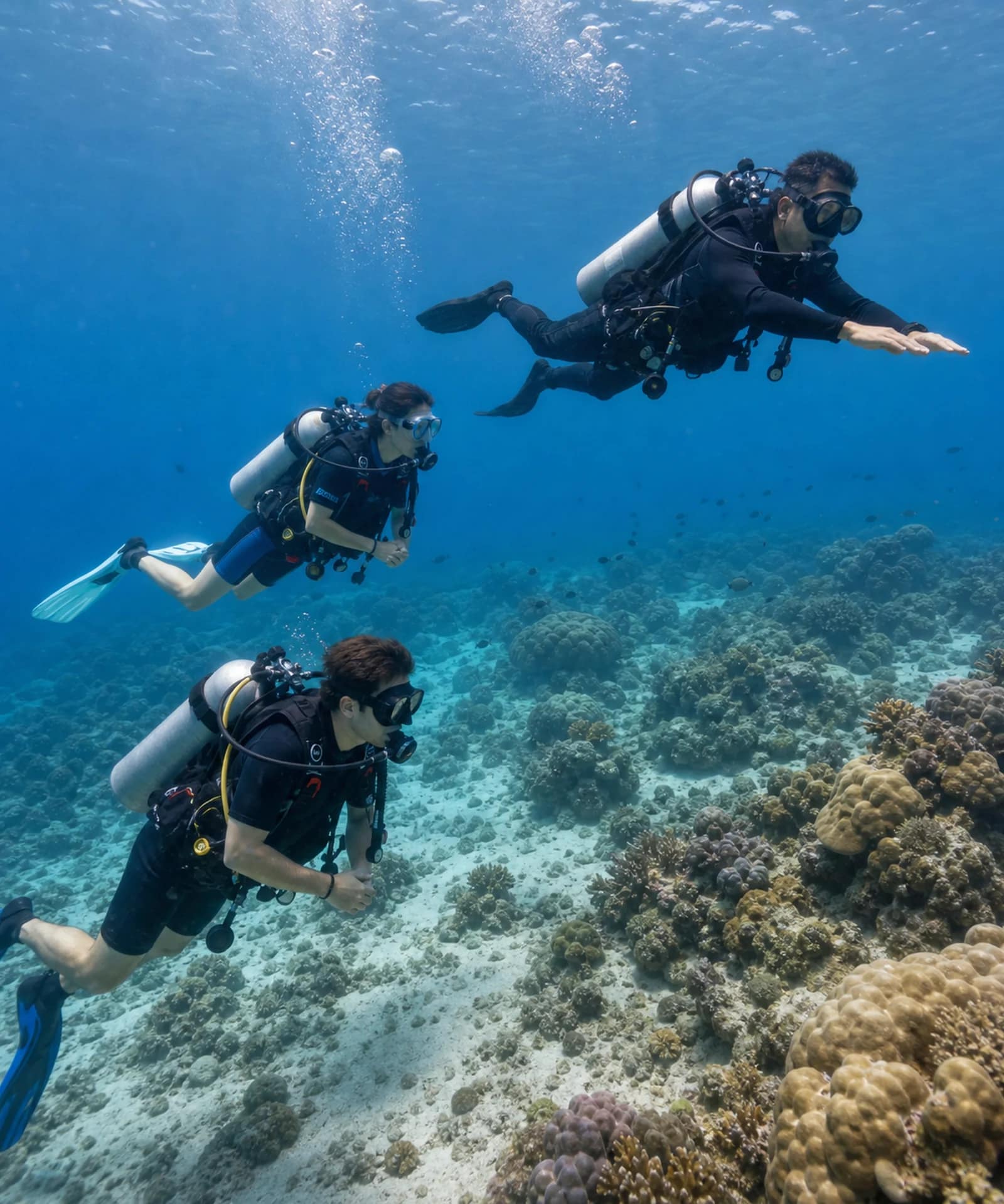 Diving in Koh Lipe: A Beginner’s Guide 5 Beginner scuba divers following an instructor above a shallow reef near Koh Lipe