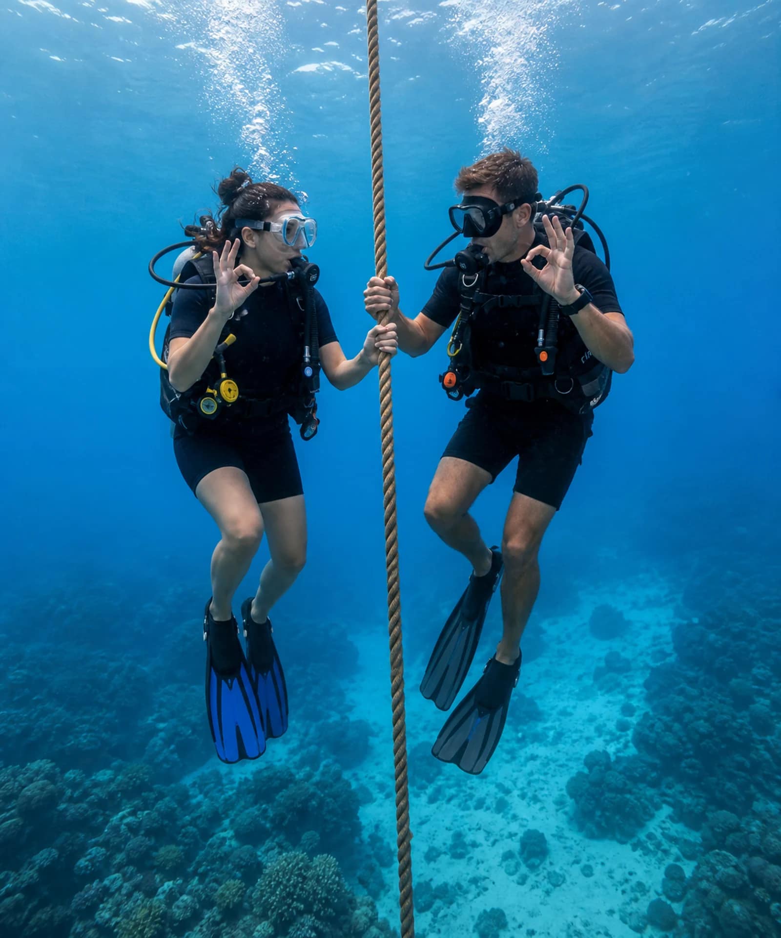 Diving in Koh Lipe: A Beginner’s Guide 7 New scuba divers descending on a line and giving the okay signal