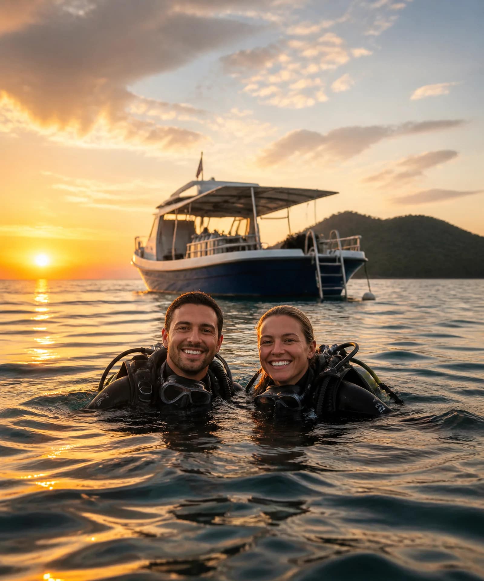 Diving in Koh Lipe: A Beginner’s Guide 11 Two happy scuba divers surfacing beside a boat at sunset near Koh Lipe