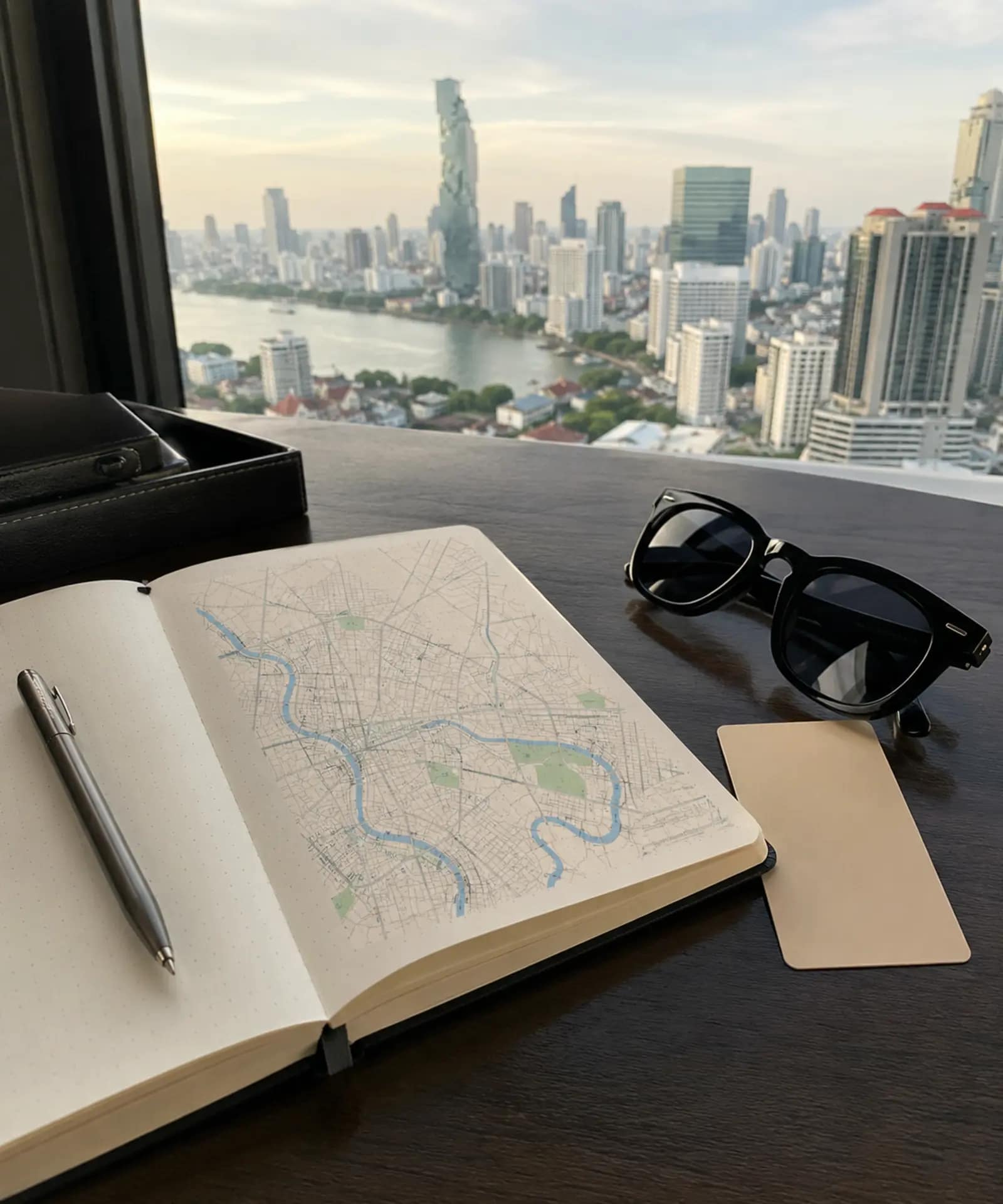 NH Bangkok Sukhumvit Boulevard Review: Is It Worth the Stay? 18 Bangkok travel notebook and hotel key card beside a city-view window