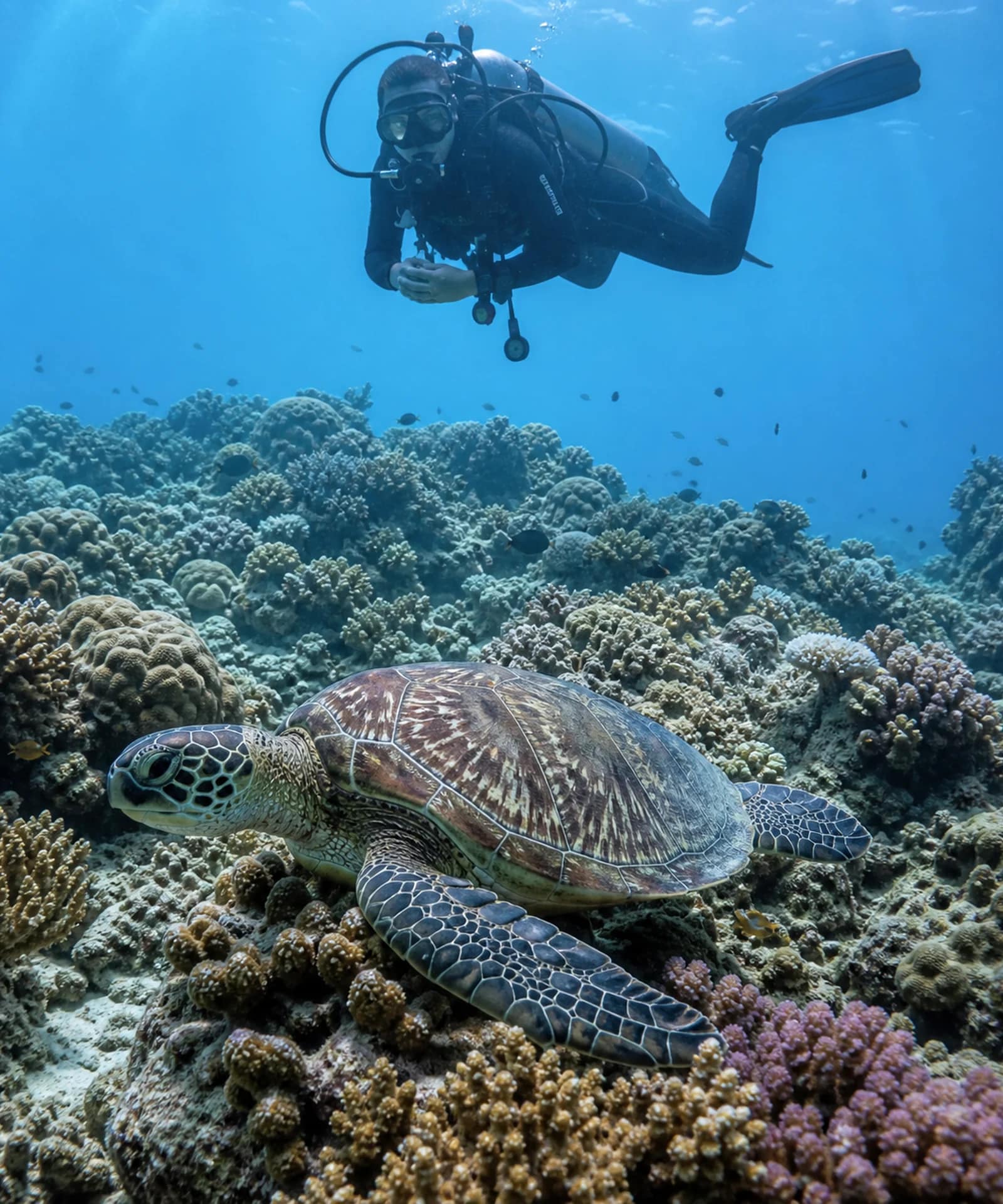 Diving in Koh Lipe: A Beginner’s Guide 10 A responsible scuba diver observing a sea turtle above a coral reef