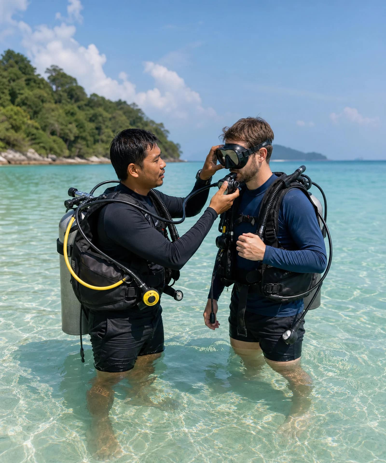 Diving in Koh Lipe: A Beginner’s Guide 3 A scuba instructor teaching basic skills to a beginner in shallow water near Koh Lipe