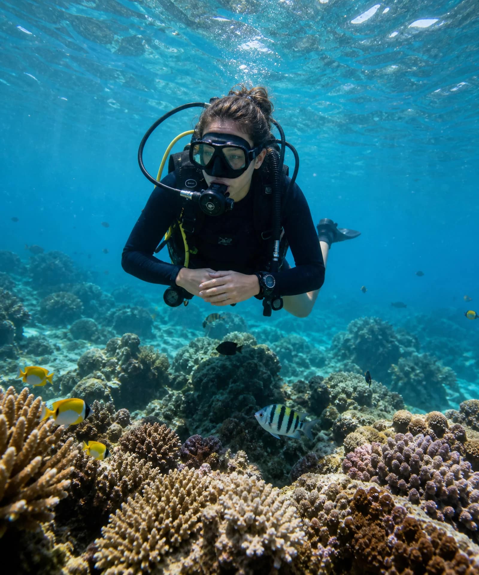 Diving in Koh Lipe: A Beginner’s Guide 2 A beginner scuba diver exploring a colourful coral reef near Koh Lipe