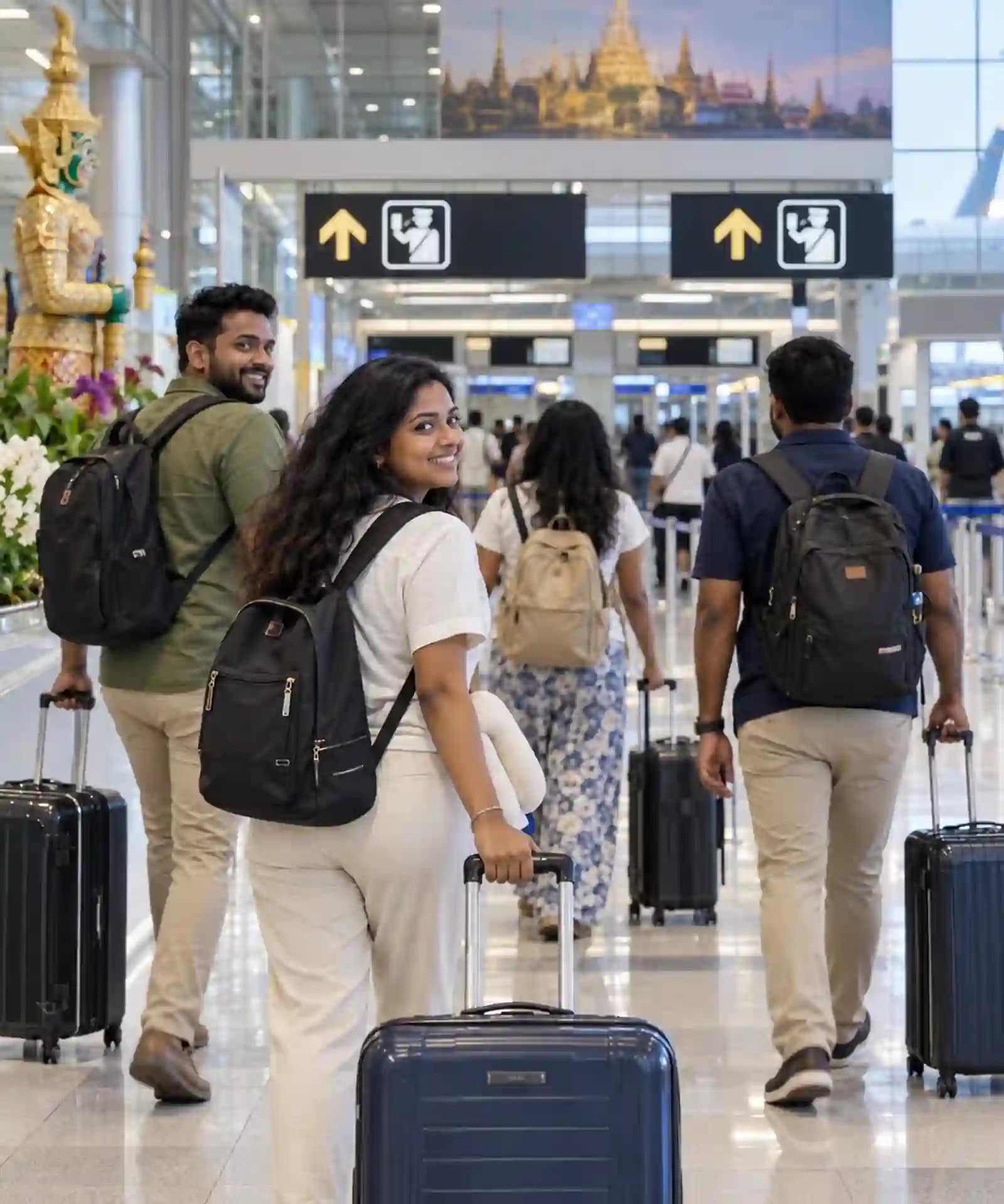 Thailand Visa for Sri Lankans: New Rules from 15 September 2026 3 Sri Lankan holiday travellers walking towards immigration at a Bangkok airport